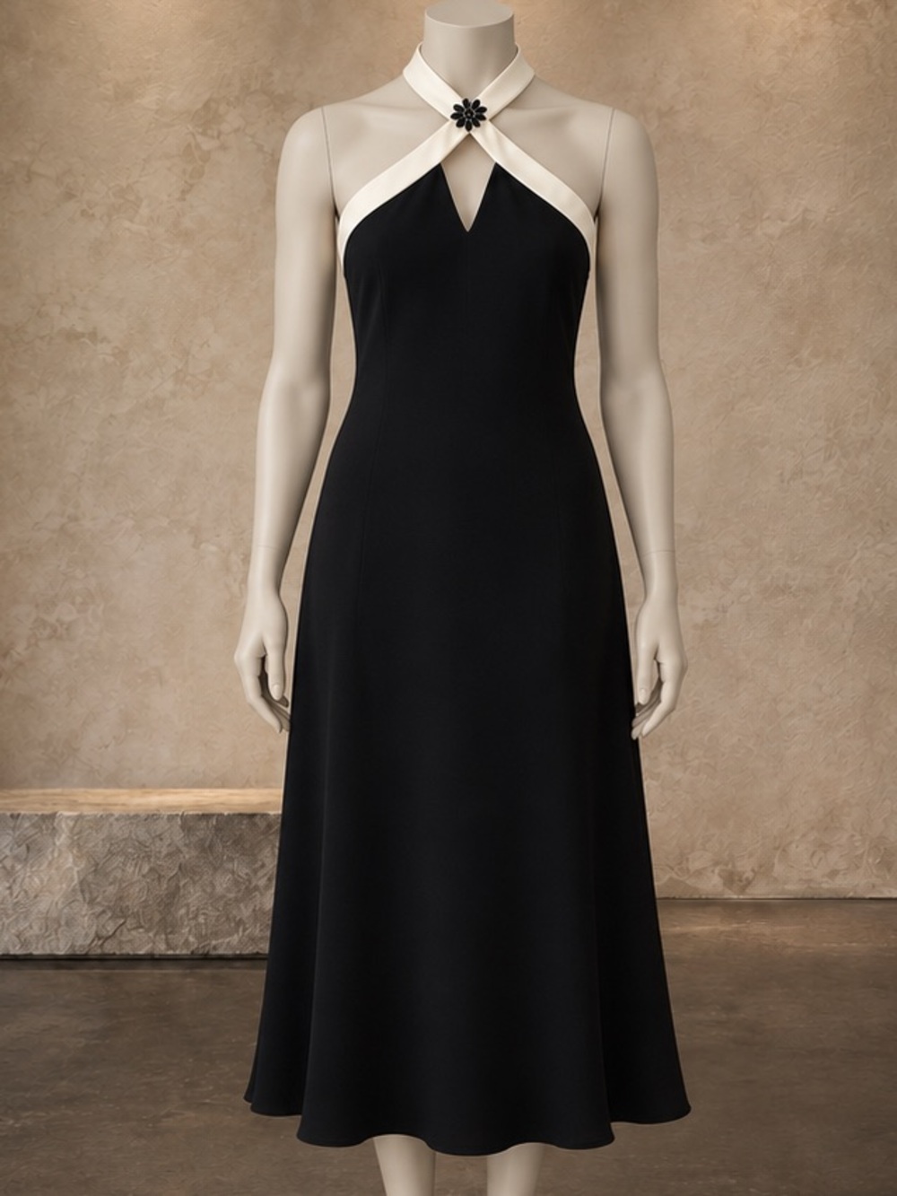 Evan-Picone Black Ivory Crossover Neck Jeweled A-Line Cocktail Dress Size 8